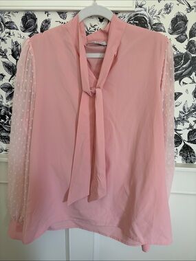 Kate Kasin Pink Tie-Neck Dotted Sheer Sleeve Blouse